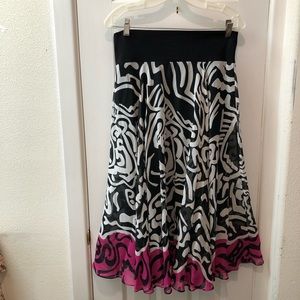 Anne Klein Silk Pull-On Flowing Circle Skirt Black, White & Pink Sz PM Midi